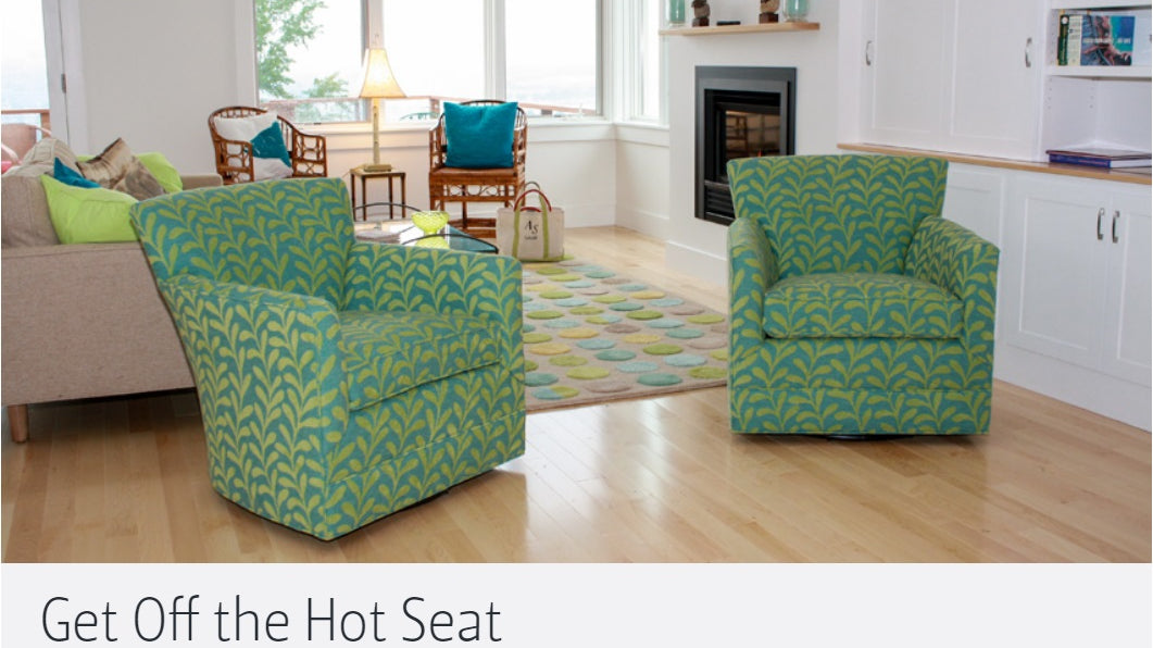 In a Portland living room, versatile, non-toxic Natalie Swivel Chairs from Endicott Home Furnishings were upholstered in the client’s own material to match a cheerful palette.