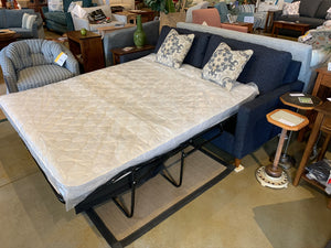 Bowie Queen sleeper shown opened up in Grade 4 recycled milk jug plastic fabric Sugarshack Indigo only 74 inches wide