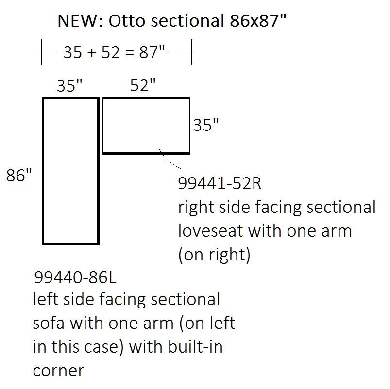 Aerial view with dimensions for Otto non-toxic stain resistant Condo Sectional for smaller spaces- Showroom Models Endicott Home Furnishings - 4
