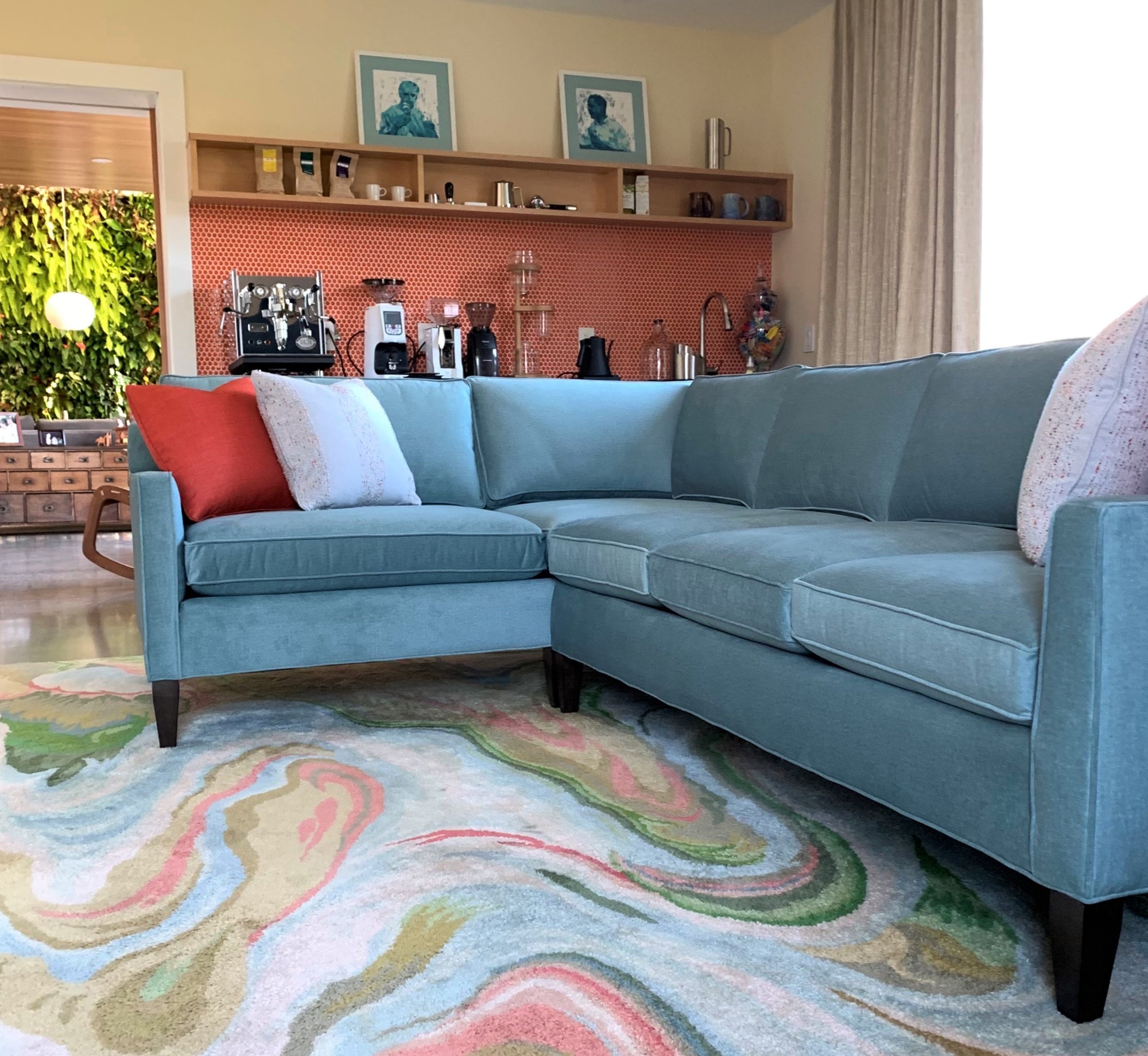 A living room featuring a couch and rug from Endicott Home Furnishings