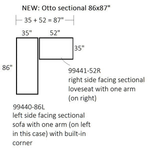 Aerial view with dimensions for Otto non-toxic stain resistant Condo Sectional for smaller spaces- Showroom Models Endicott Home Furnishings - 4
