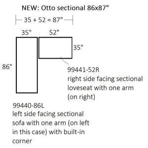 Aerial view with dimensions for Otto non-toxic stain resistant Condo Sectional for smaller spaces- Showroom Models Endicott Home Furnishings - 4